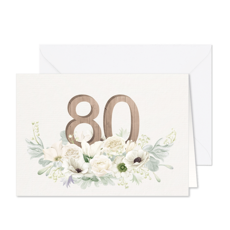 Uitnodiging witte bloemen 80 jaar - Kaartimpressie