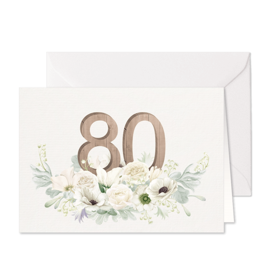 Uitnodiging witte bloemen 80 jaar - Kaartimpressie