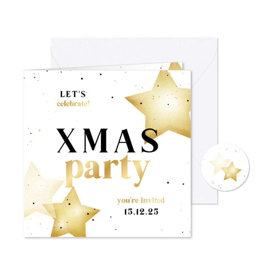 Uitnodiging xmas party internationaal met sterren en goud - Kaartimpressie