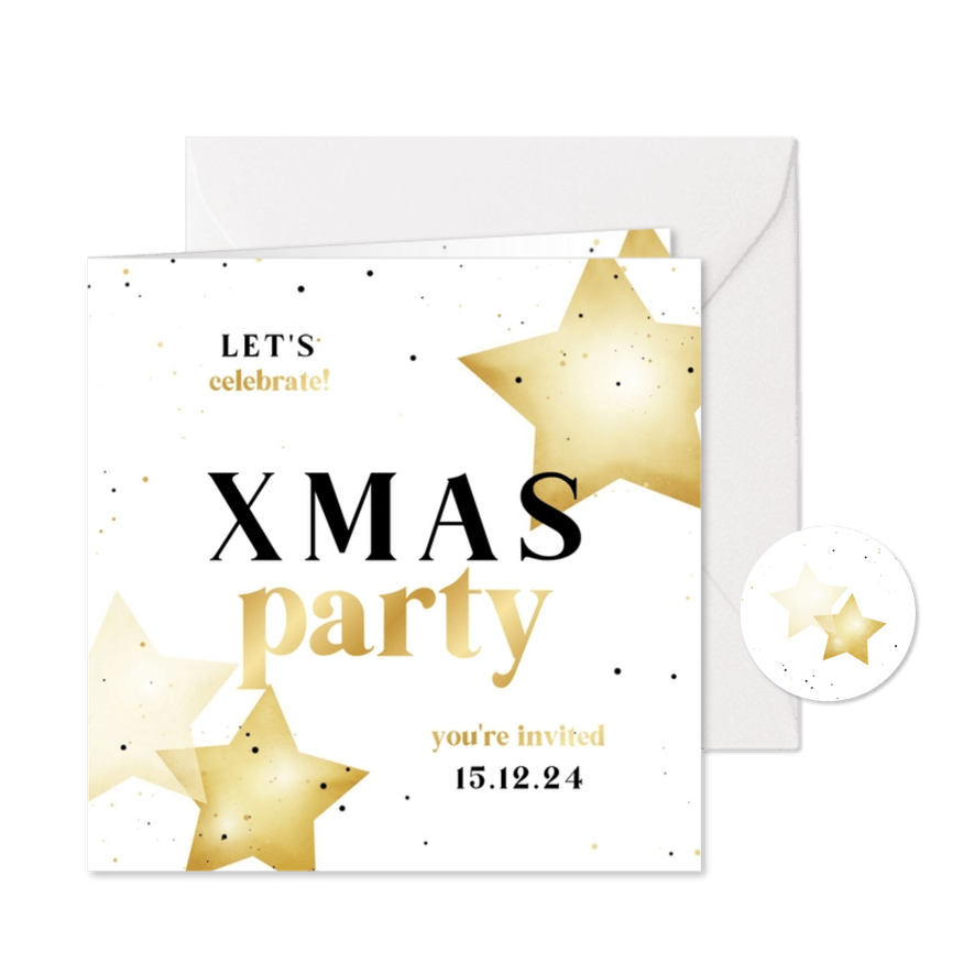 Uitnodiging xmas party internationaal met sterren en goud - Kaartimpressie