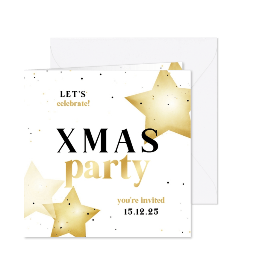 Uitnodiging xmas party met sterren en goud - Kaartimpressie