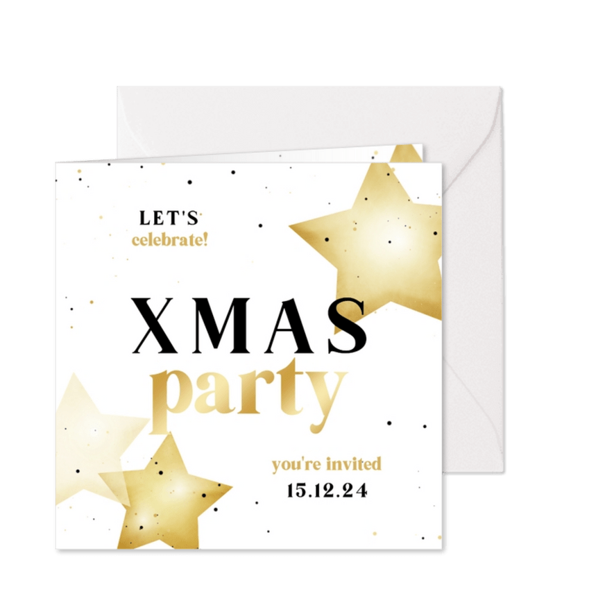 Uitnodiging xmas party met sterren en goud - Kaartimpressie