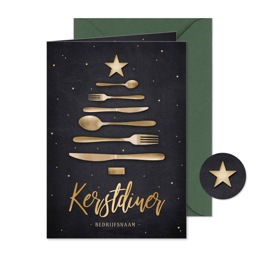 Uitnodiging zakelijk kerstdiner met bestek in kerstboom vorm - Kaartimpressie
