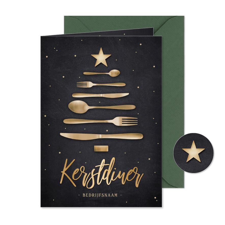 Uitnodiging zakelijk kerstdiner met bestek in kerstboom vorm - Kaartimpressie