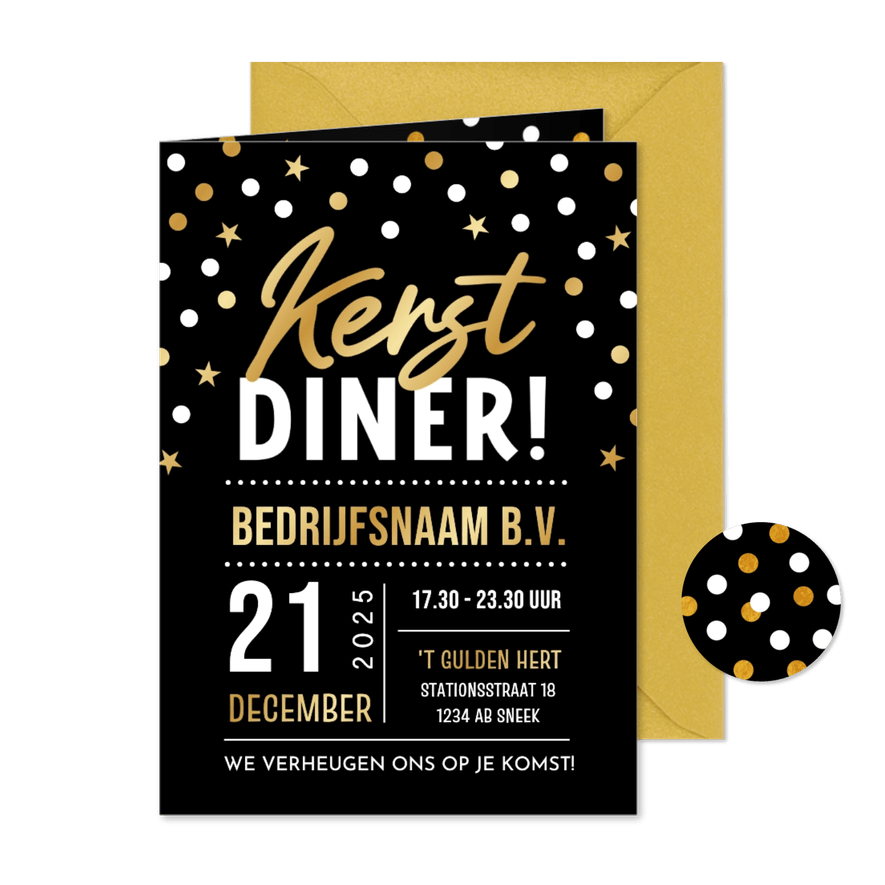 Uitnodiging zakelijk kerstdiner met confetti in goudfolie - Kaartimpressie