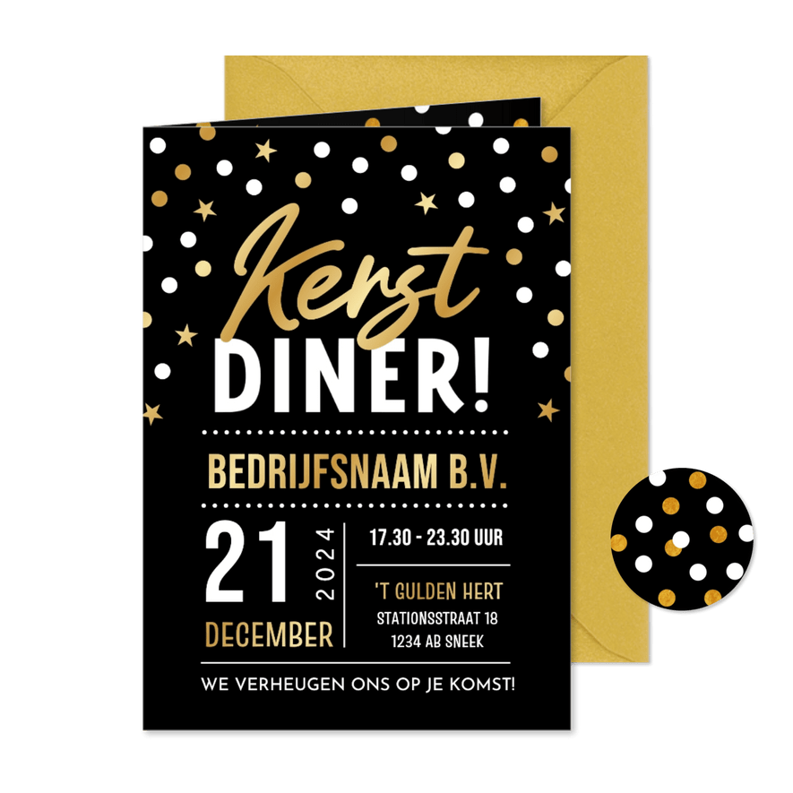 Uitnodiging zakelijk kerstdiner met confetti in goudfolie - Kaartimpressie