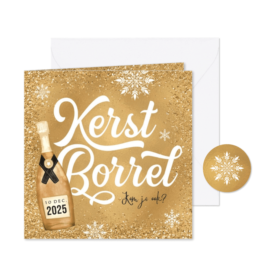 Uitnodiging zakelijke kerstborrel champagne goud sneeuw - Kaartimpressie
