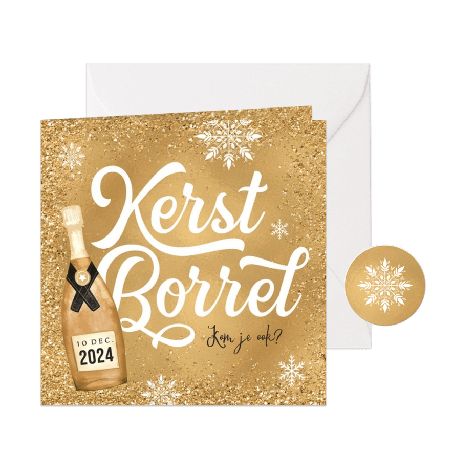 Uitnodiging zakelijke kerstborrel champagne goud sneeuw - Kaartimpressie