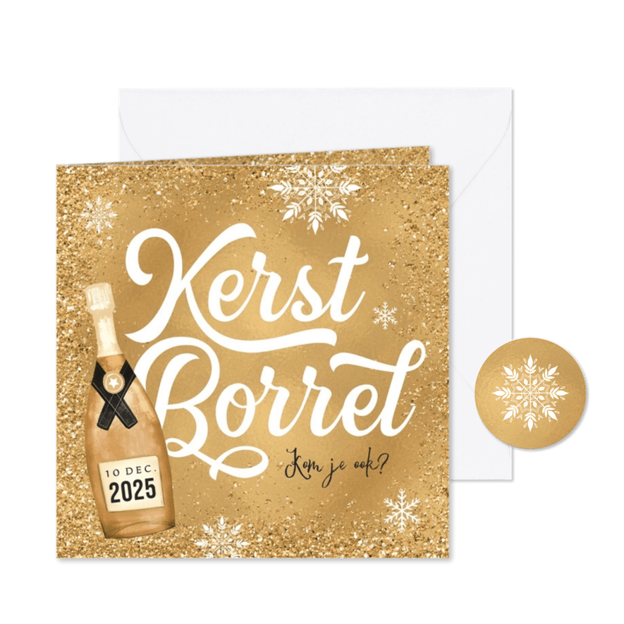 Uitnodiging zakelijke kerstborrel champagne goud sneeuw - Kaartimpressie