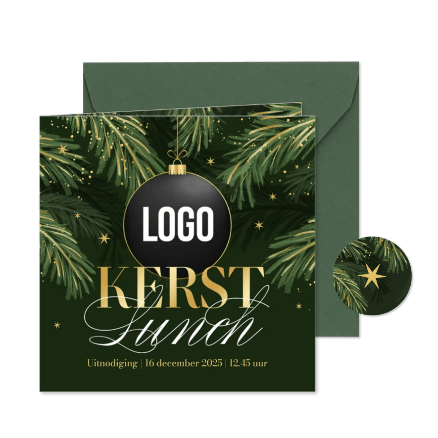 Uitnodiging zakelijke kerstlunch goud sterren dennentakjes - Kaartimpressie