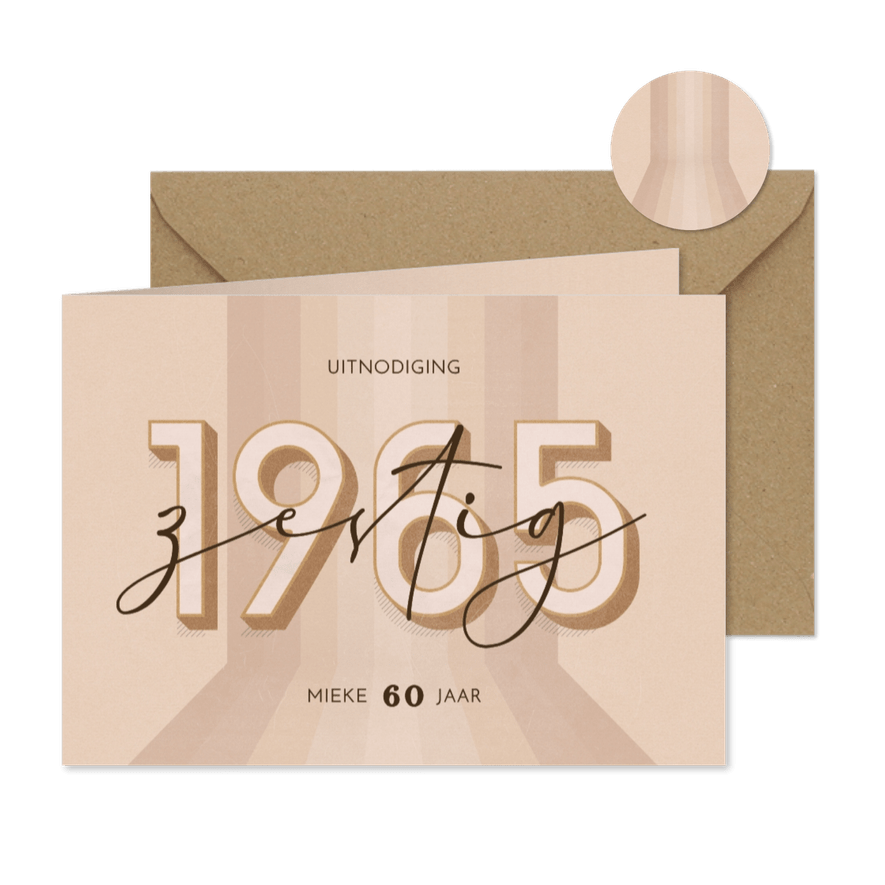 Uitnodiging zestig jaar retrolook beige 3d 1965 jaartal - Kaartimpressie