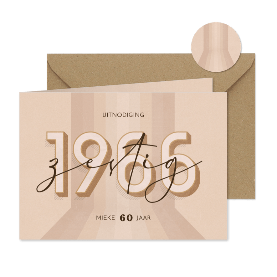 Uitnodiging zestig jaar retrolook beige 3d 1966 jaartal - Kaartimpressie