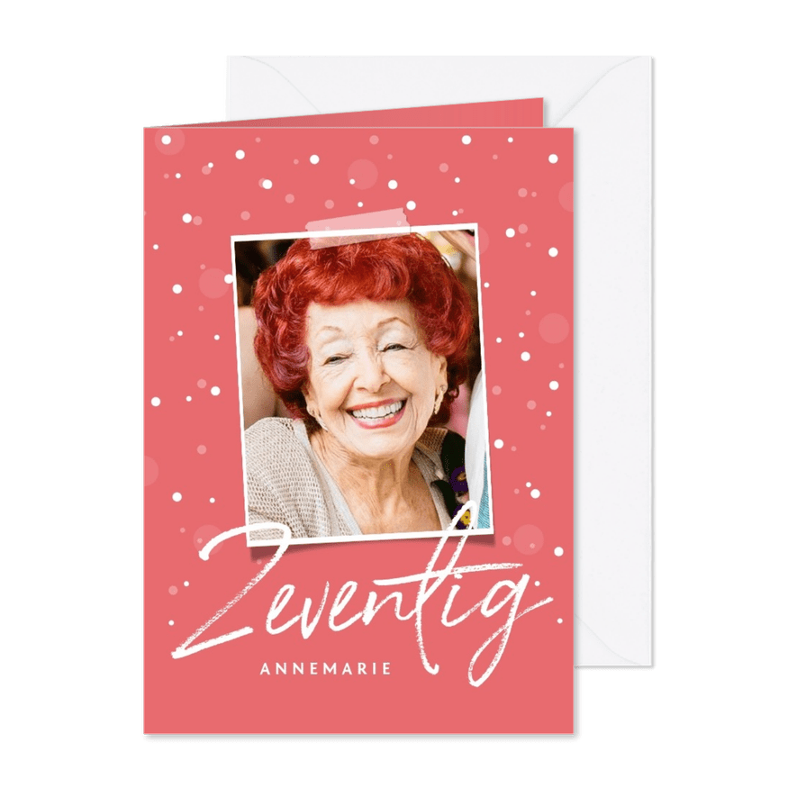 Uitnodiging zeventig stijlvol confetti met foto - Kaartimpressie