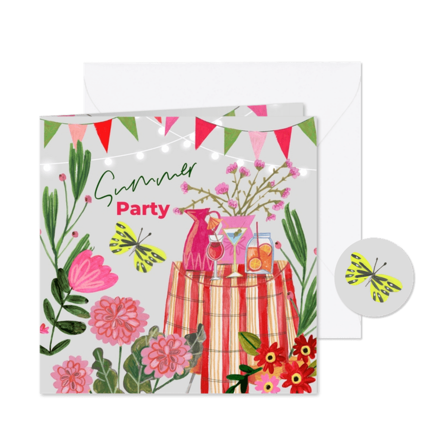 Uitnodiging zomer tuinfeest met bloemen en cocktails - Kaartimpressie