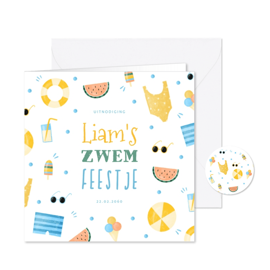 Uitnodiging zomer zwemfeestje tropisch - Kaartimpressie