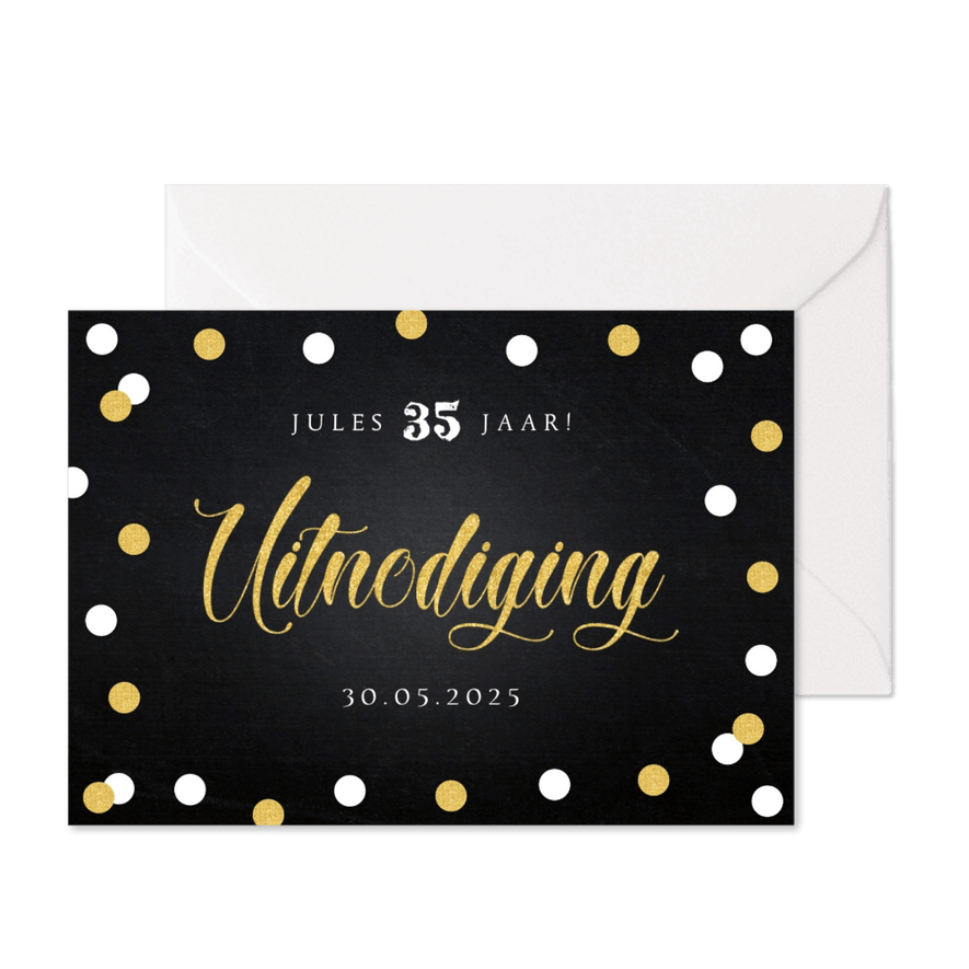 Uitnodiging zwart goudlook confetti - Kaartimpressie