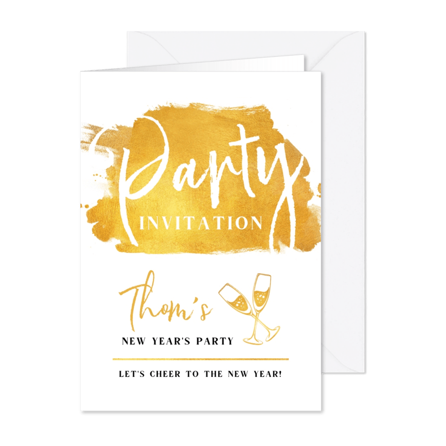 Uitnodigingen jaarwisseling goud champagne foto verf - Kaartimpressie
