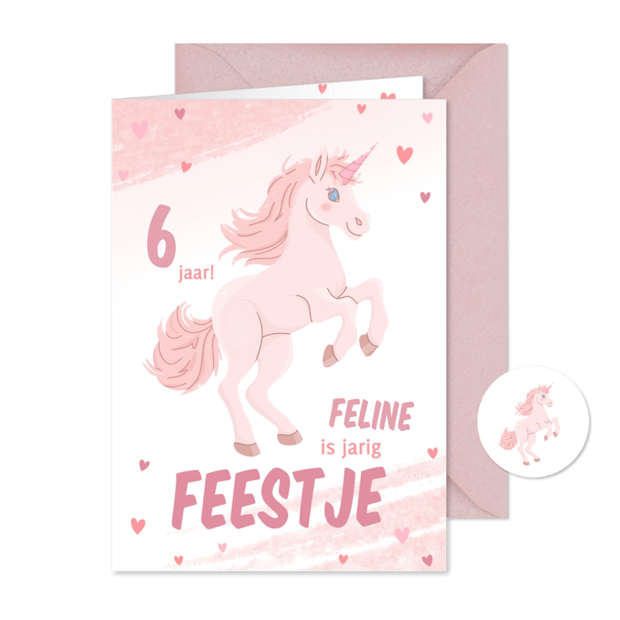 Uitnodigingen kinderfeestje met roze eenhoorn en hartjes - Kaartimpressie