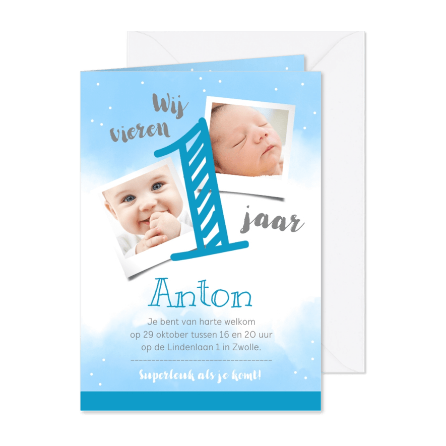 Uitnodigingskaart 1 jaar blauw met eigen foto's - Kaartimpressie