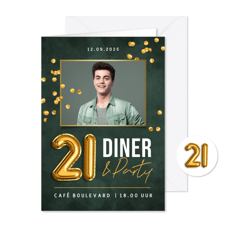Uitnodigingskaart 21 diner goud folieballon foto confetti - Kaartimpressie