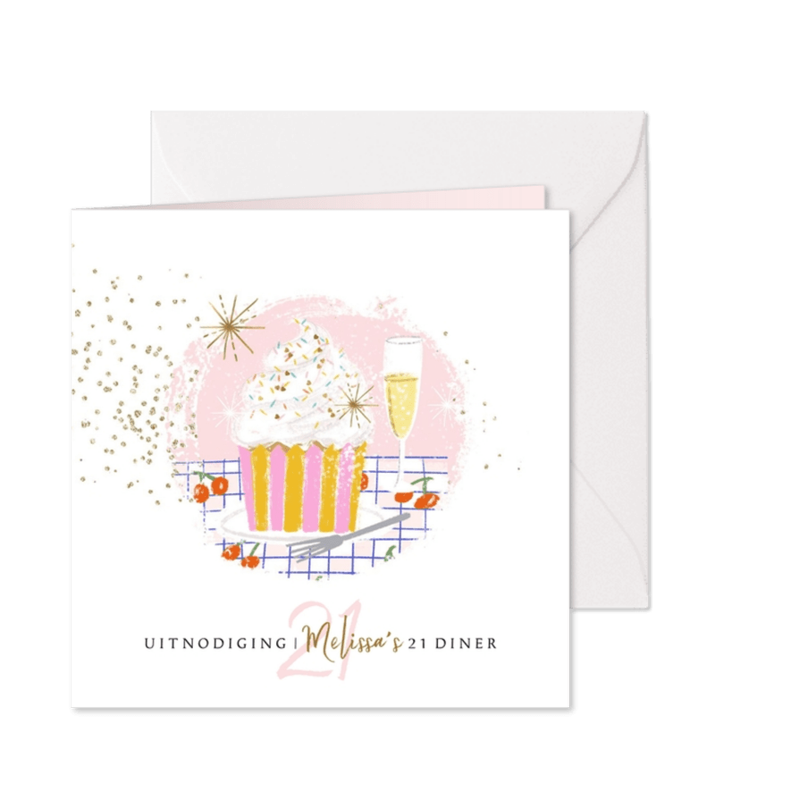 Uitnodigingskaart 21diner illustratie cupcake champagne - Kaartimpressie