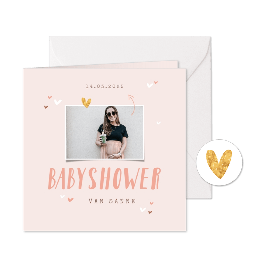 Uitnodigingskaart babyshower hartjes meisje roze goud foto - Kaartimpressie