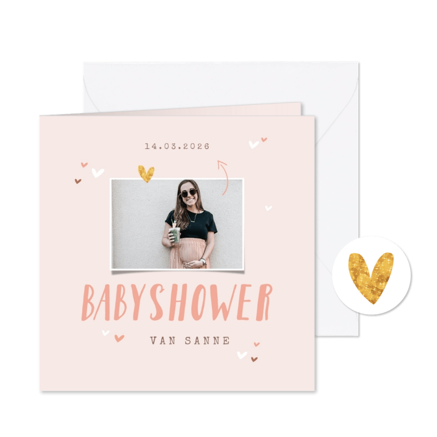 Uitnodigingskaart babyshower hartjes meisje roze goud foto - Kaartimpressie