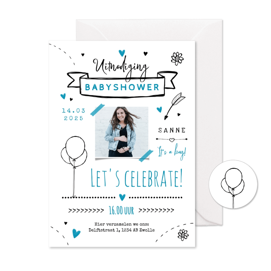 Uitnodigingskaart babyshower jongen doodle foto feestje - Kaartimpressie