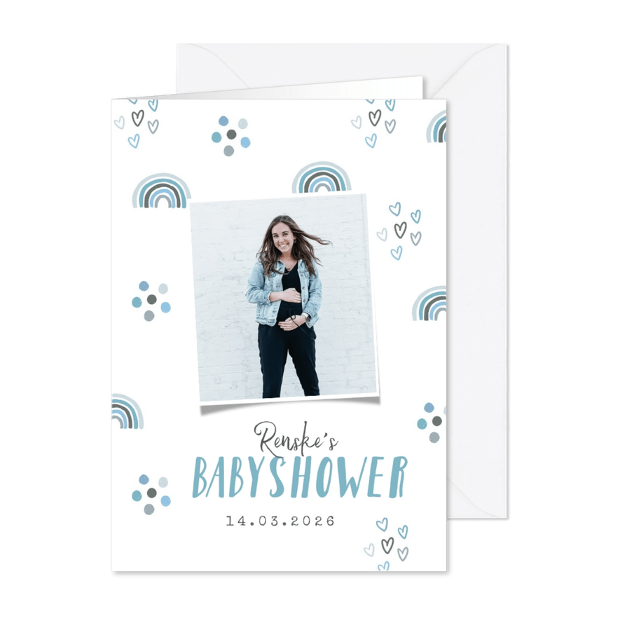Uitnodigingskaart babyshower jongen regenboog hartjes foto - Kaartimpressie