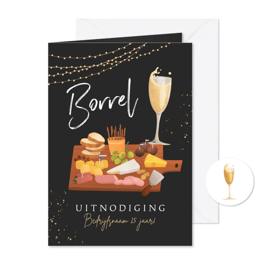 Uitnodigingskaart borrel feestje champagne borrelplank - Kaartimpressie
