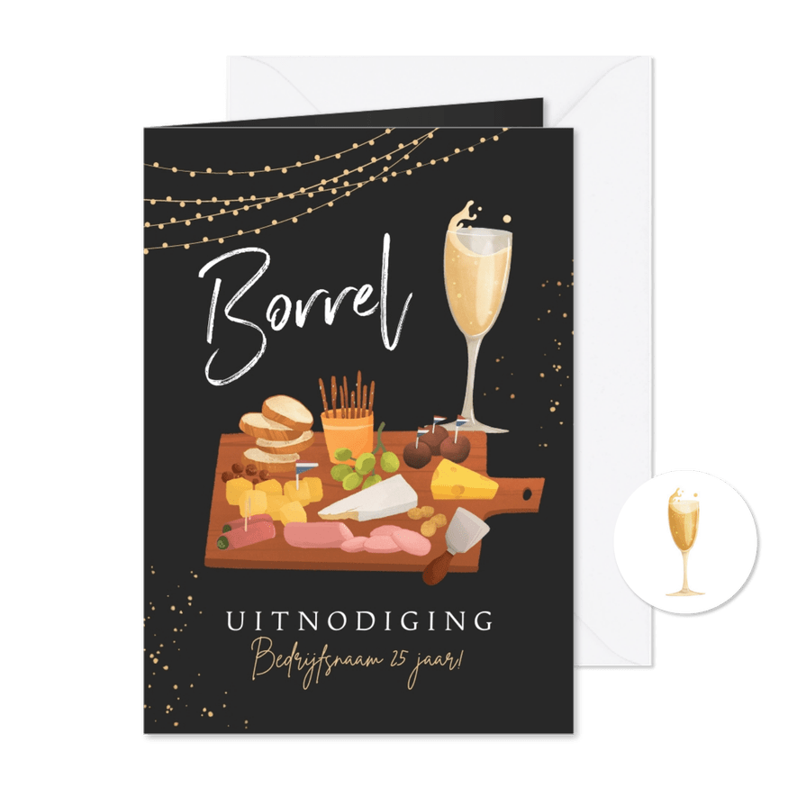 Uitnodigingskaart borrel feestje champagne borrelplank - Kaartimpressie