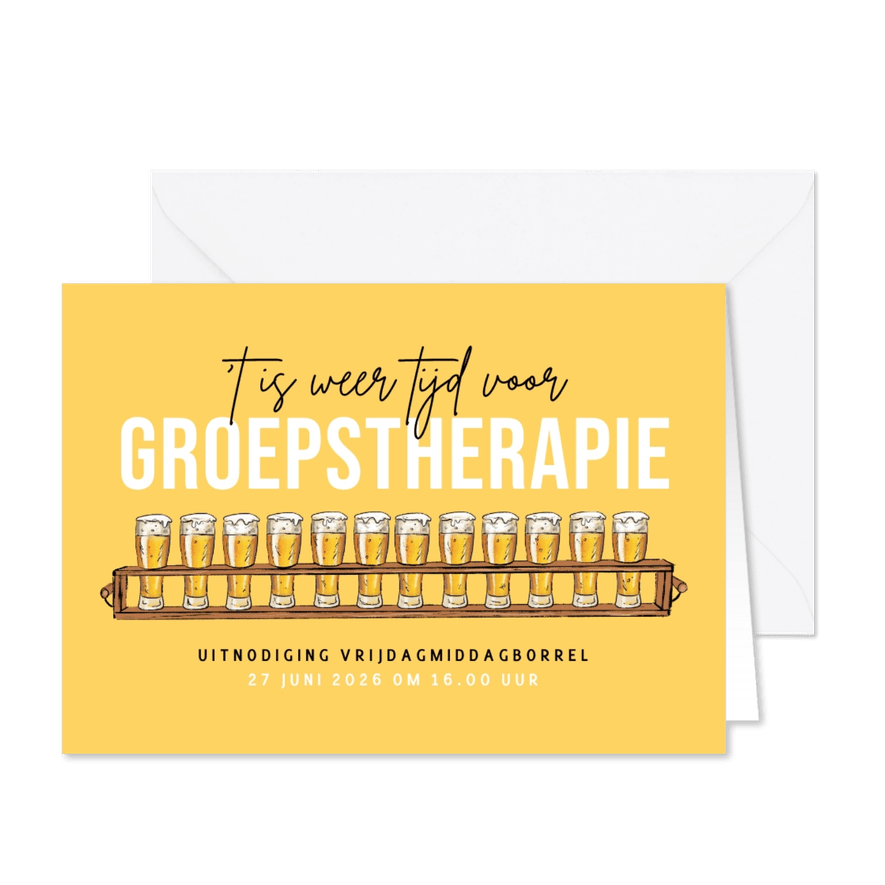 Uitnodigingskaart borrel feestje groepstherapie bier humor - Kaartimpressie