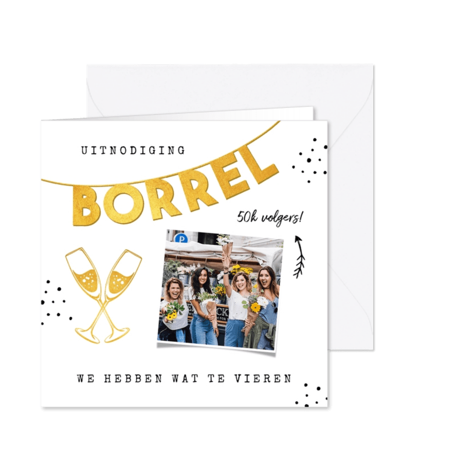 Uitnodigingskaart borrel slinger goud champagne foto - Kaartimpressie