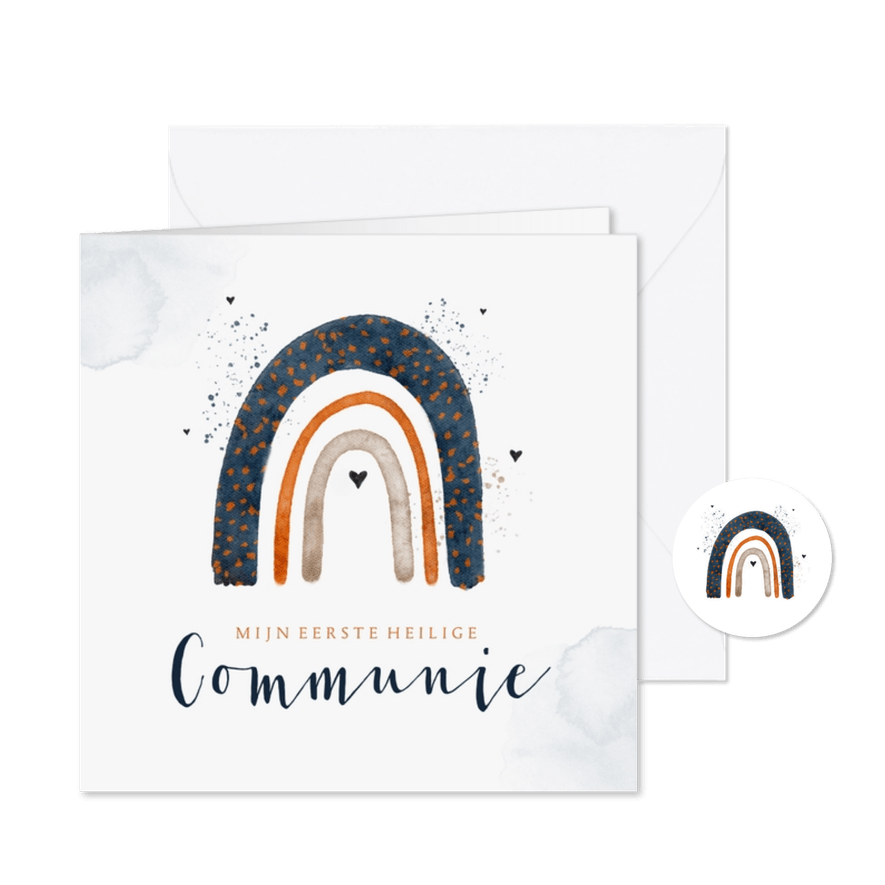 Uitnodigingskaart communie regenboog waterverf hartjes - Kaartimpressie