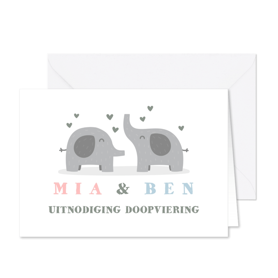 Uitnodigingskaart doop olifant tweeling foto's binnen - Kaartimpressie