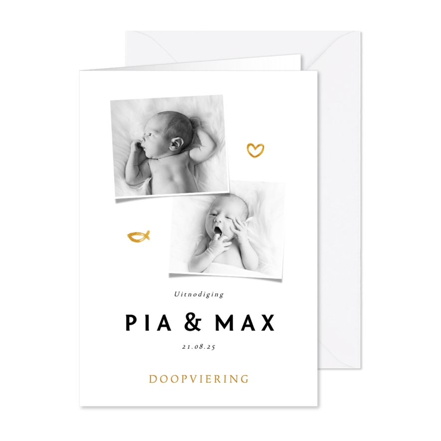 Uitnodigingskaart doop tweeling foto's & hartjes goudlook - Kaartimpressie