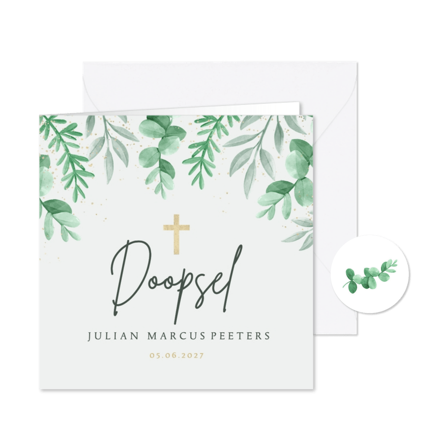 Uitnodigingskaart doopviering doopsel botanisch eucalyptus - Kaartimpressie