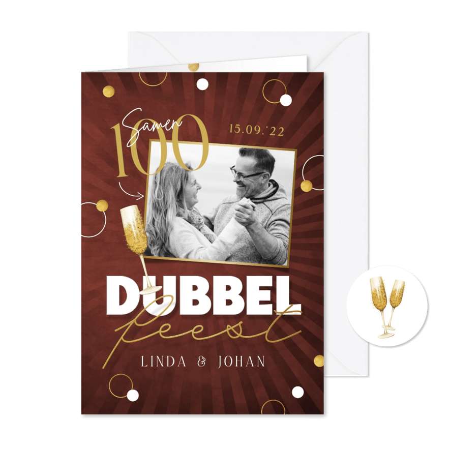 Uitnodigingskaart dubbel feest samen 100 foto champagne goud - Kaartimpressie
