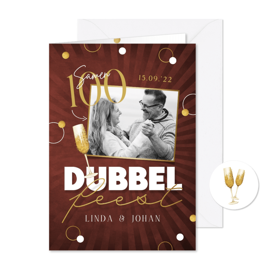 Uitnodigingskaart dubbel feest samen 100 foto champagne goud - Kaartimpressie