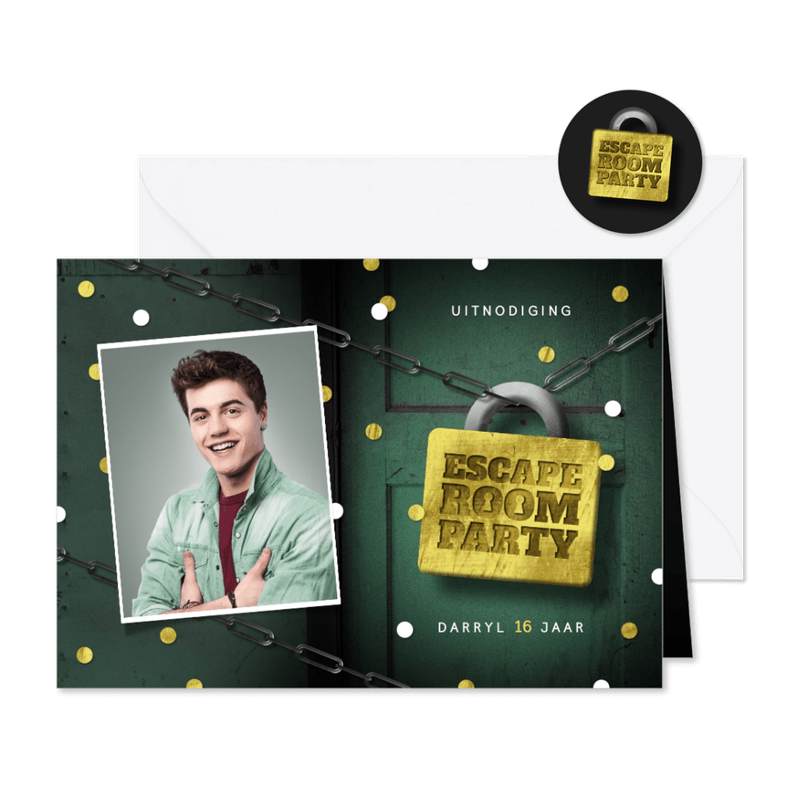 Uitnodigingskaart escape room slot foto deur confetti - Kaartimpressie