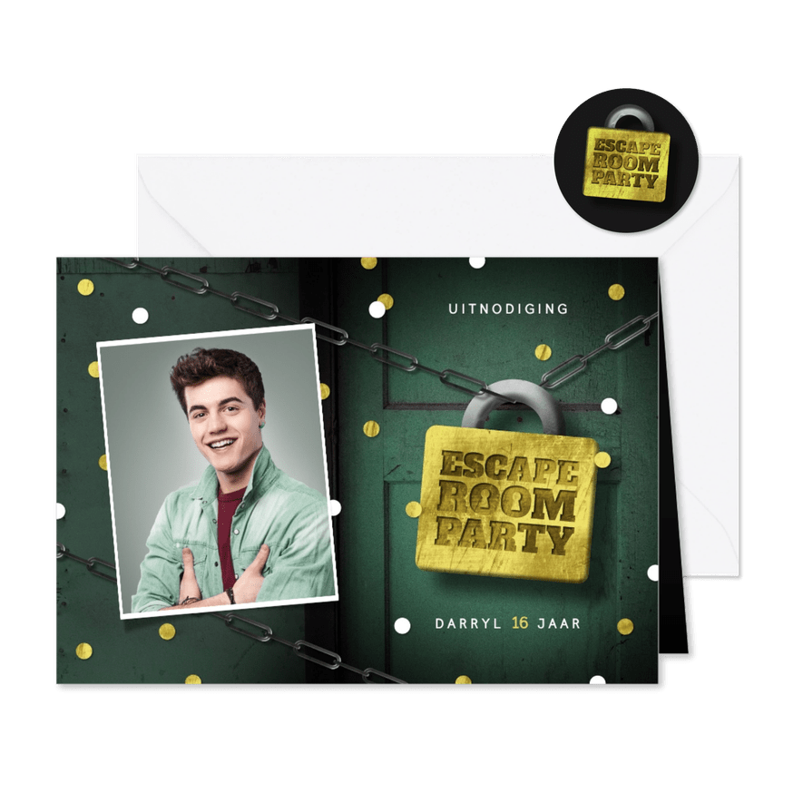 Uitnodigingskaart escape room slot foto deur confetti - Kaartimpressie