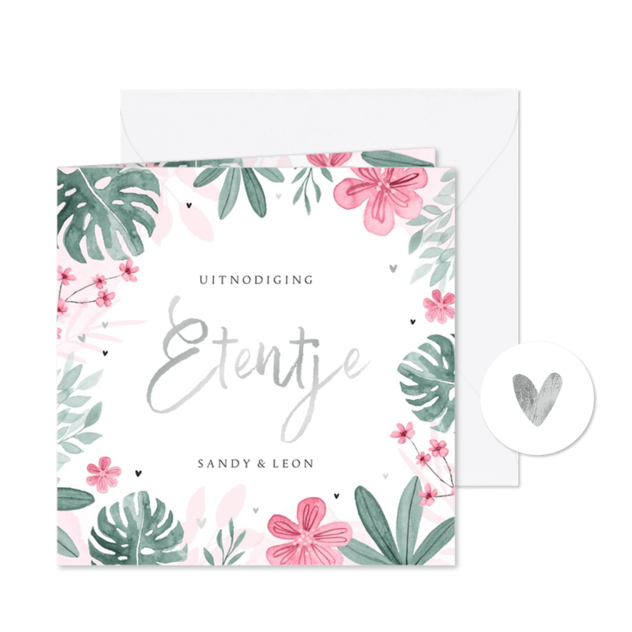 Uitnodigingskaart etentje bloemen waterverf hartjes zilver - Kaartimpressie