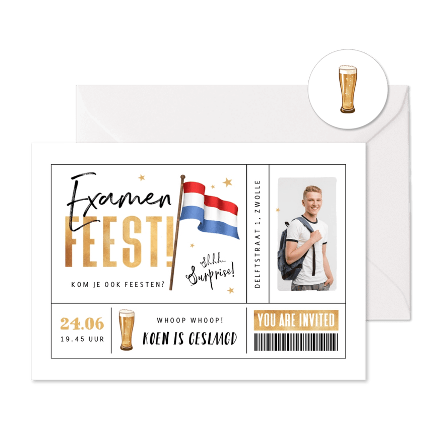 Uitnodigingskaart examenfeest ticket vlag goud bier foto - Kaartimpressie