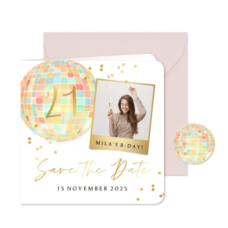 Uitnodigingskaart feestje disco foto save the date confetti  - Kaartimpressie