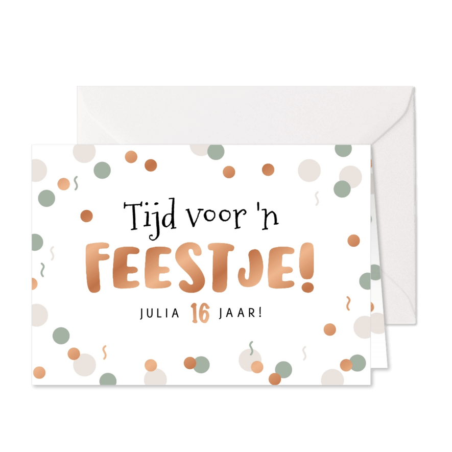 Uitnodigingskaart feestje verjaardag confetti koper - Kaartimpressie