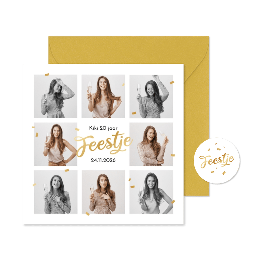 Uitnodigingskaart feestje verjaardag goud foto's confetti - Kaartimpressie