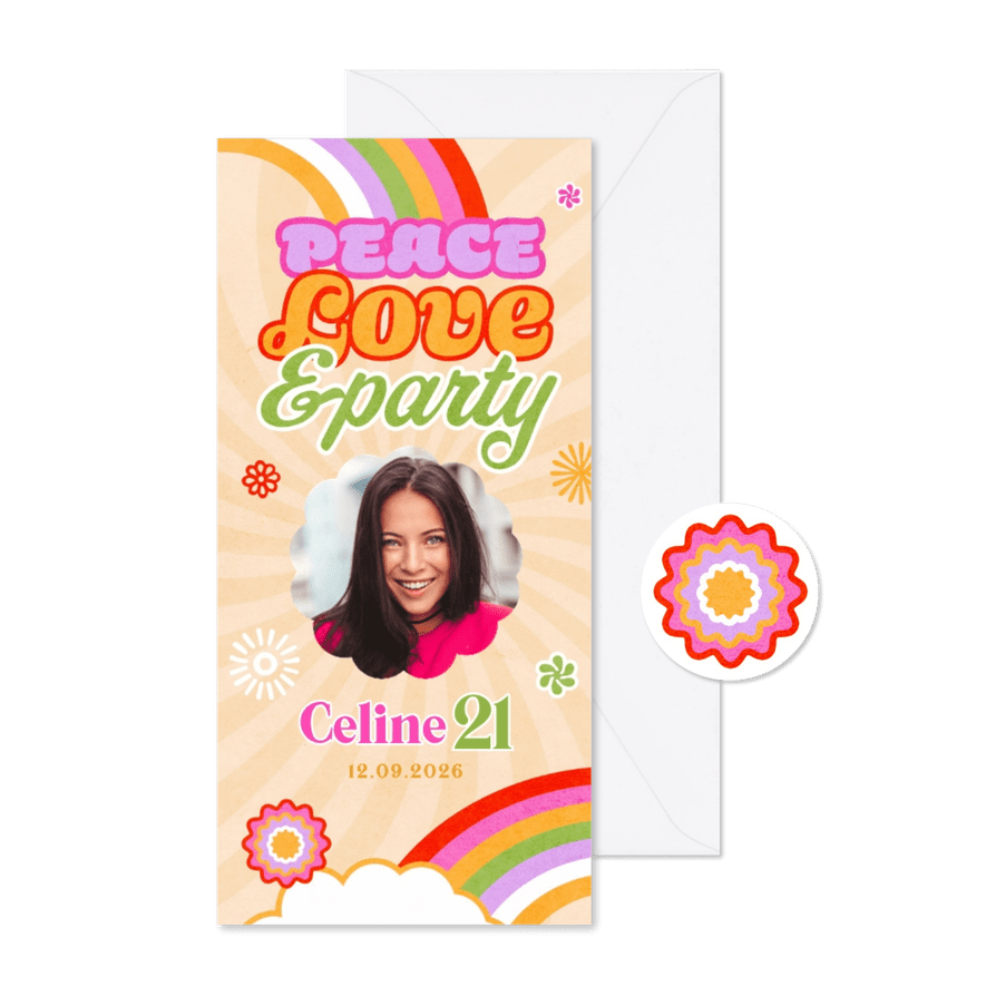 Uitnodigingskaart funky regenboog bloemen retro vibes - Kaartimpressie