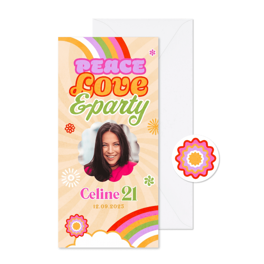 Uitnodigingskaart funky regenboog bloemen retro vibes - Kaartimpressie