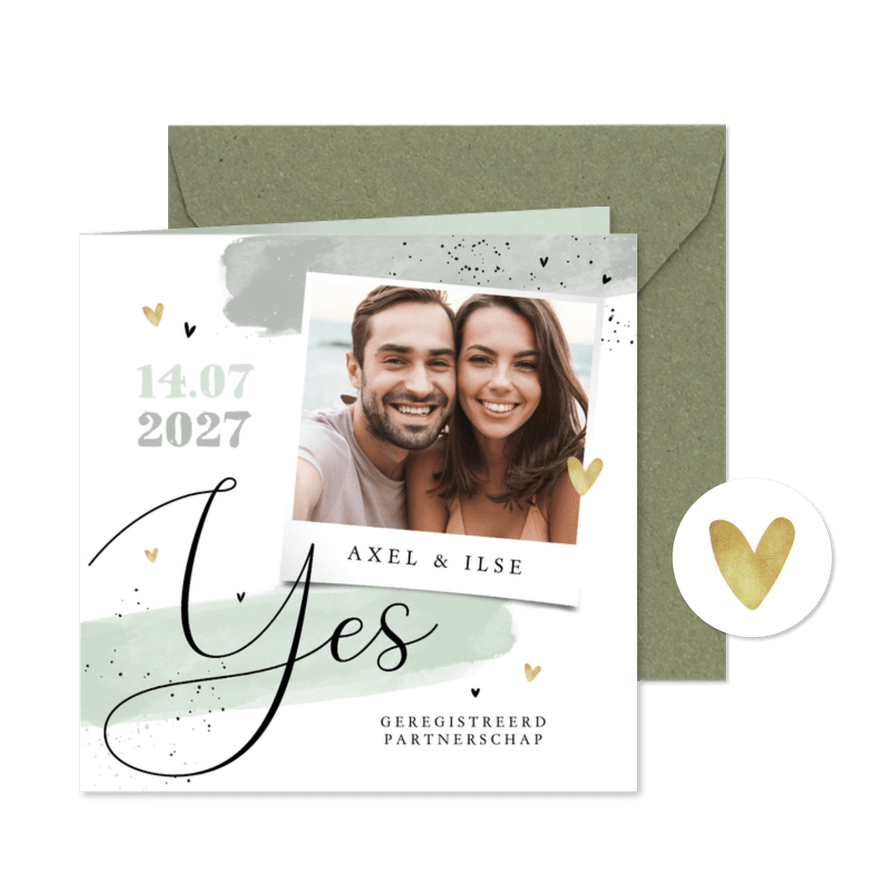 Uitnodigingskaart geregistreerd partnerschap verf hartjes - Kaartimpressie