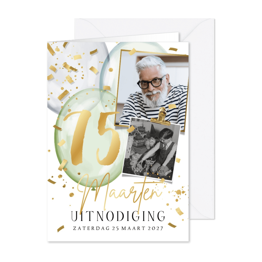 Uitnodigingskaart goud getal ballonnen confetti fotos - Kaartimpressie